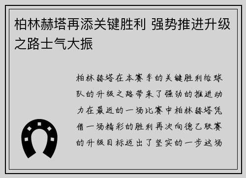 柏林赫塔再添关键胜利 强势推进升级之路士气大振