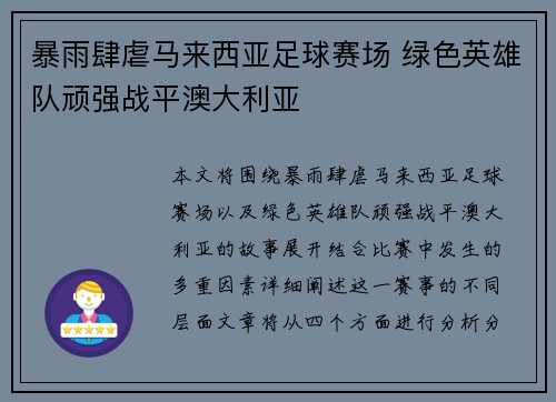 暴雨肆虐马来西亚足球赛场 绿色英雄队顽强战平澳大利亚